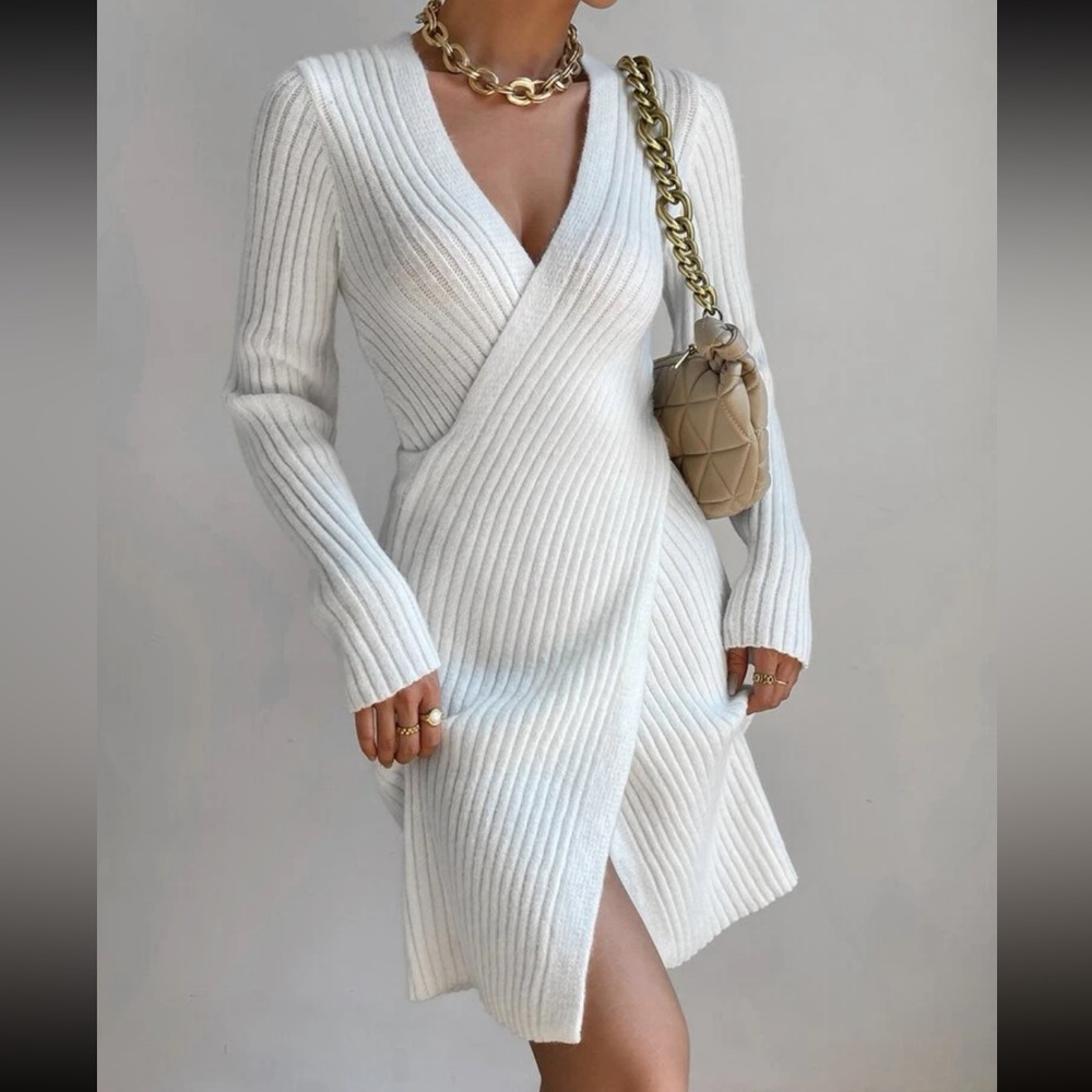 Classic Ribbed Knit Crossover Sweater Dress White - Picture 6 of 6